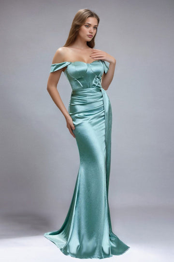 Groene zeemeermin Off The Shoulder satijnen galajurk met split